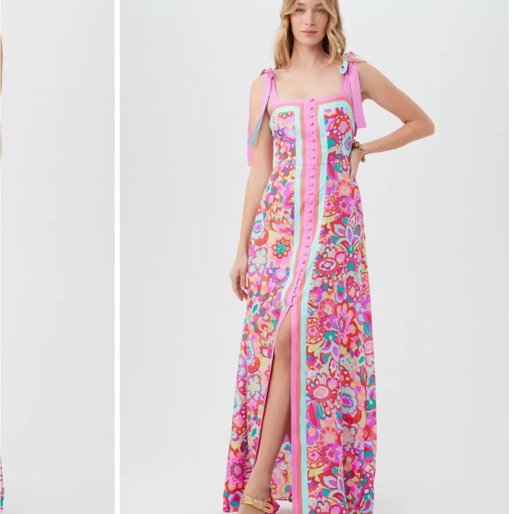 Trina Turk - Floral Tie Shoulder Button Silk Maxi Dress